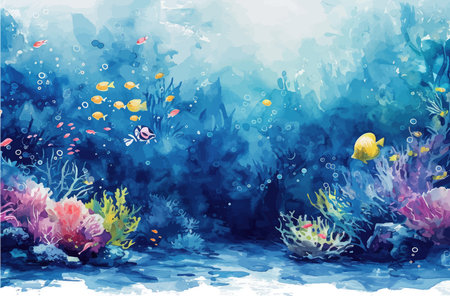 watercolor background with coral, fish and seaweed. Vector illustrationのイラスト素材