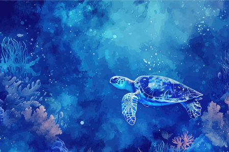 Sea turtle on a background of blue watercolor. Vector illustration.のイラスト素材