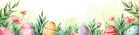 Easter banner with eggs, flowers and leaves. Vector illustration.