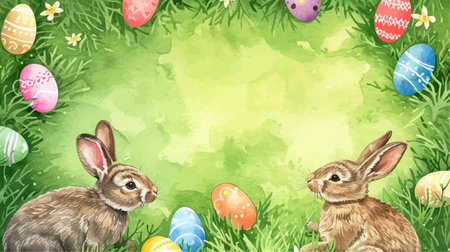 Watercolor Easter background with bunnies, eggs and green grass