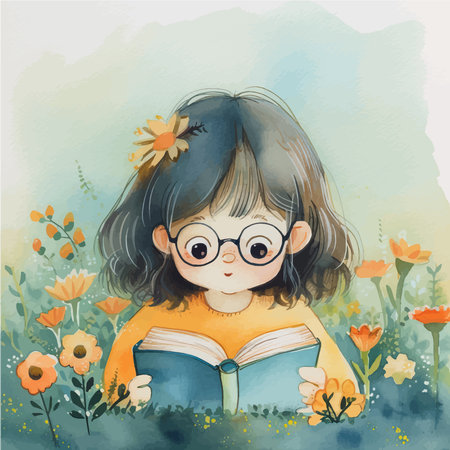 Watercolor illustration of a cute little girl with glasses reading a bookのイラスト素材