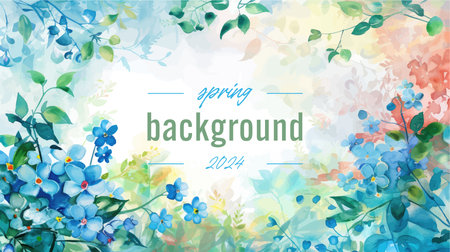 Watercolor floral background with blue forget-me-nots and green leavesのイラスト素材