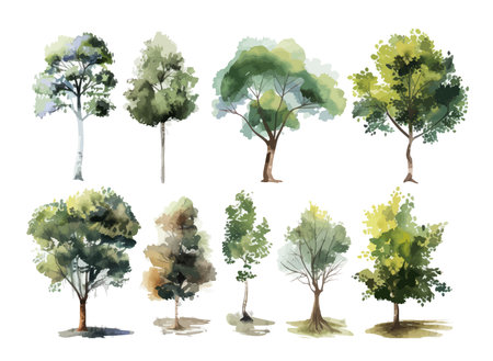 Set of trees. Watercolor hand drawn illustration isolated on white backgroundのイラスト素材