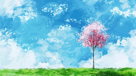 Spring background with cherry blossom tree and clouds. Vector illustration.のイラスト素材