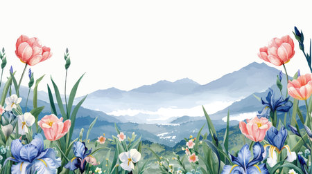 Spring landscape with flowers and mountains. Watercolor illustration for your designのイラスト素材