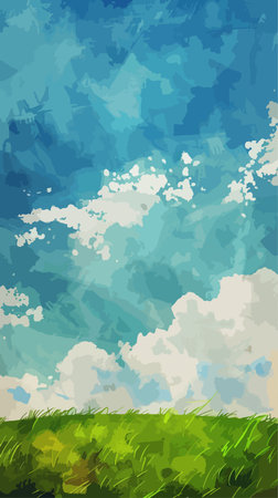 Illustration of green grass and blue sky with white clouds - vectorのイラスト素材