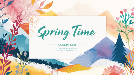Spring time vector banner template with hand drawn watercolor mountains, flowers and plants.のイラスト素材