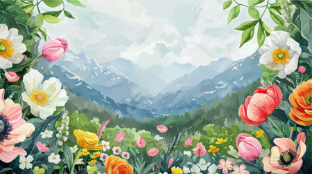 Beautiful spring landscape with flowers and mountains in the background. Vector illustration.のイラスト素材