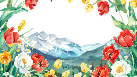 Watercolor spring landscape with flowers and mountains. Hand drawn illustration.のイラスト素材