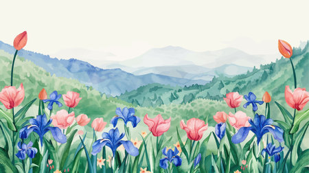 Beautiful spring landscape with flowers and mountains. Watercolor illustration.のイラスト素材