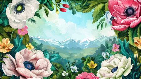 Seamless nature background with flowers and mountains. Vector illustration.のイラスト素材