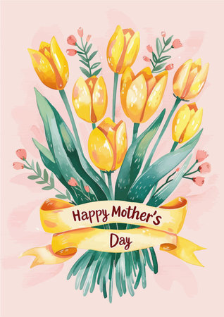 Happy Mother's Day greeting card with yellow tulips. Vector illustration.のイラスト素材