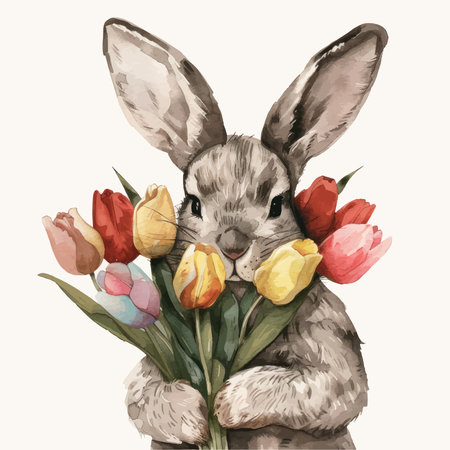 Rabbit with a bouquet of tulips. Watercolor illustration.のイラスト素材