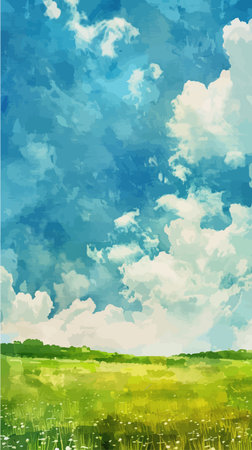 Summer landscape with green grass, blue sky and white clouds. Vector illustration.のイラスト素材