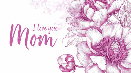 Elegant card with peony flowers and text I love you mom. Vector illustration.のイラスト素材