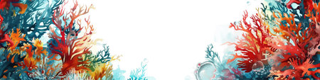 Horizontal banner with underwater plants and corals. Vector illustration.のイラスト素材