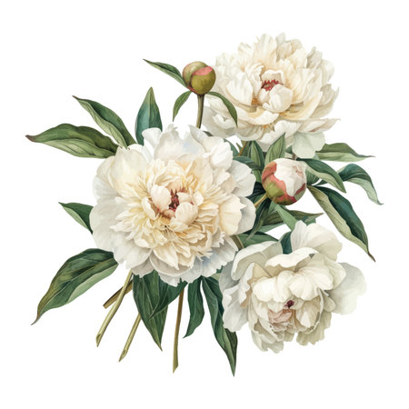 White peony flowers with leaves isolated on white background. Watercolor illustrationのイラスト素材