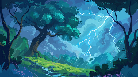 Thunderstorm in the forest. Vector illustration of a thunderstorm in the forest.のイラスト素材
