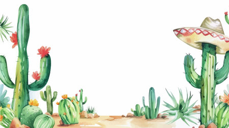 Cactuses and sombrero on white background. Watercolor illustrationのイラスト素材