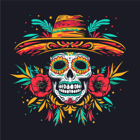 Skull with sombrero and flowers. Day of the Dead. Vector illustrationのイラスト素材