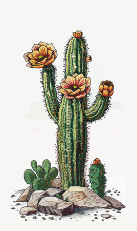 Cactuses and flowers. Hand drawn vector illustration. Vintage style.のイラスト素材