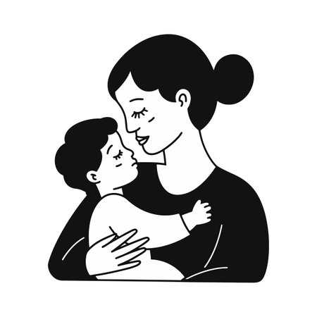 Mother and daughter hugging each other. Black and white vector illustration.のイラスト素材