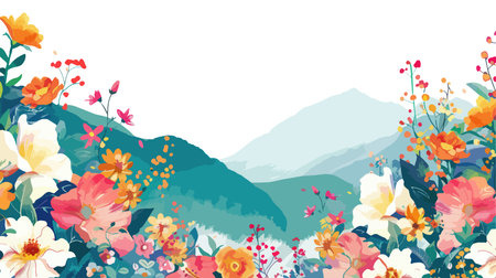 Seamless background with flowers and mountains. Vector illustration for your designのイラスト素材