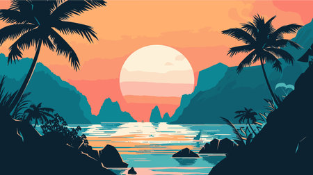 Tropical beach with palm trees and sunset. Vector illustration.のイラスト素材