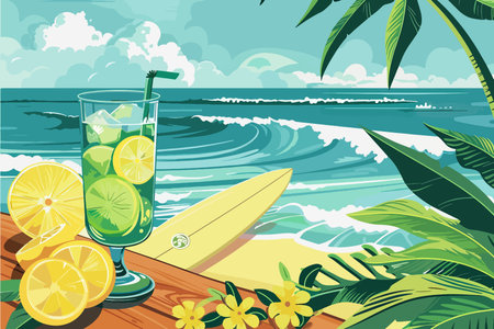 Summer background with tropical beach and sea. Vector illustration in flat styleのイラスト素材