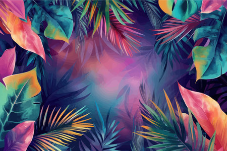 Tropical background with palm leaves. Colorful vector illustration.のイラスト素材