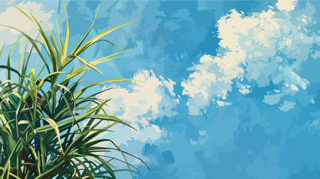 Background with green grass and blue sky with clouds. Vector illustration.のイラスト素材