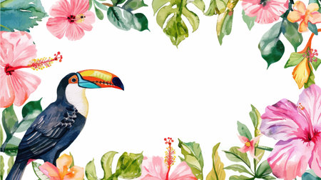 Watercolor tropical background with toucan bird and hibiscus flowers.のイラスト素材