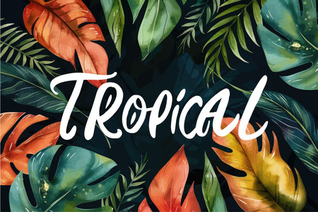 Tropical leaves vector background. Hand drawn lettering. Tropic design.のイラスト素材