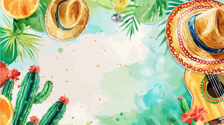Summer banner with sombrero, hat, cactuses and oranges. Vector illustrationのイラスト素材