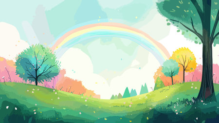 Nature background with green meadow, trees and rainbow. Vector illustration.のイラスト素材