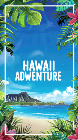 Hawaiian paradise poster design with palm trees and tropical beach.のイラスト素材