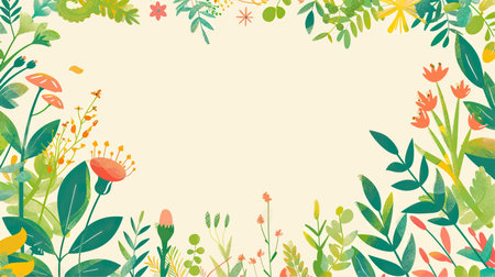 Floral background with green leaves and flowers. Hand drawn vector illustration.のイラスト素材