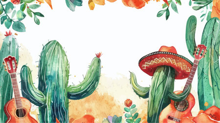 Watercolor mexican background with cactuses and sombreroのイラスト素材