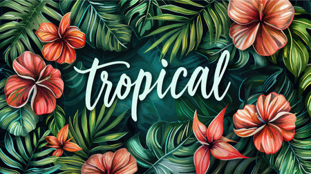 Tropical vector background with exotic flowers and palm leaves. Hand drawn illustrationのイラスト素材