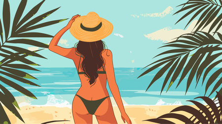 Beautiful girl in a hat on the beach. Vector illustration.のイラスト素材