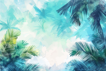 Watercolor summer background with palm trees and clouds. Vector illustration.のイラスト素材