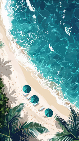 Tropical beach with palm trees and sunbeds. Vector illustration.のイラスト素材