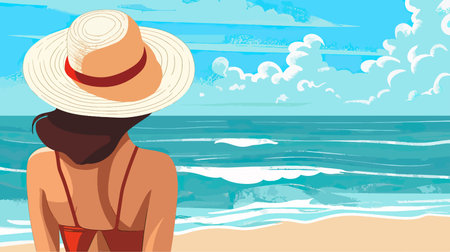 Girl in hat on the beach. Vector illustration. EPS 10.のイラスト素材