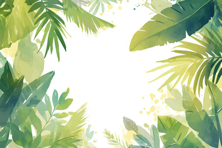 Summer background with tropical leaves and watercolor stains. Vector illustration.のイラスト素材