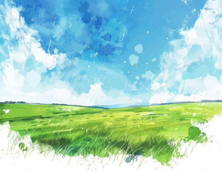 Green field and blue sky with white clouds. Watercolor illustration.のイラスト素材