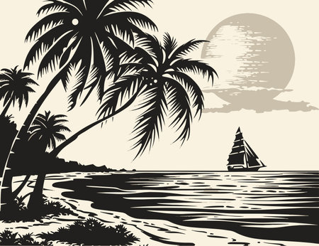 Vector illustration of a tropical beach with palm trees and a sailboatのイラスト素材