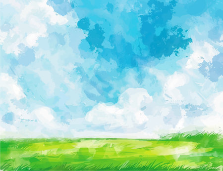 Green meadow and blue sky with white clouds. Vector illustration.のイラスト素材