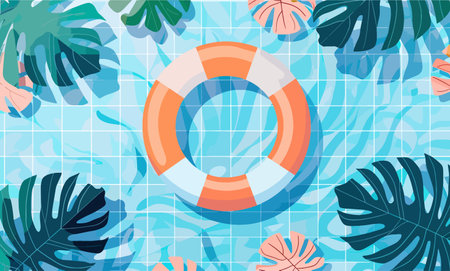 Swimming pool with lifebuoy and palm leaves. Flat vector illustration.