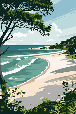 Seascape with a sandy beach and trees. Vector illustration.のイラスト素材