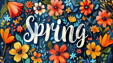 Spring lettering with flowers and leaves on dark blue background. Vector illustration.